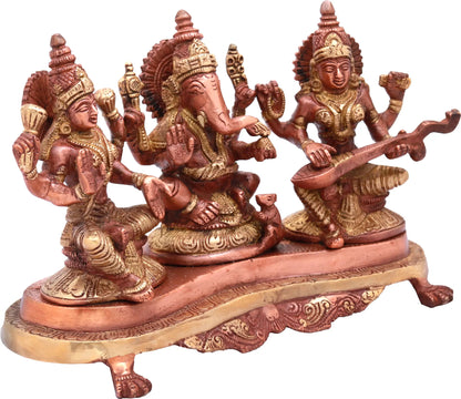 Brassaura® Lakshmi Ganesha Saraswati Brass Statue | Height 6.10 Inches & Weight 3 kgs