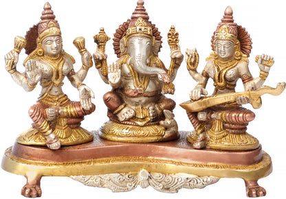 Brassaura® Lakshmi Ganesha Saraswati Brass Statue | Height 6.10 Inches & Weight 3 kgs