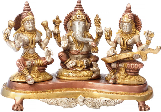 Brassaura® Lakshmi Ganesha Saraswati Brass Statue | Height 6.10 Inches & Weight 3 kgs