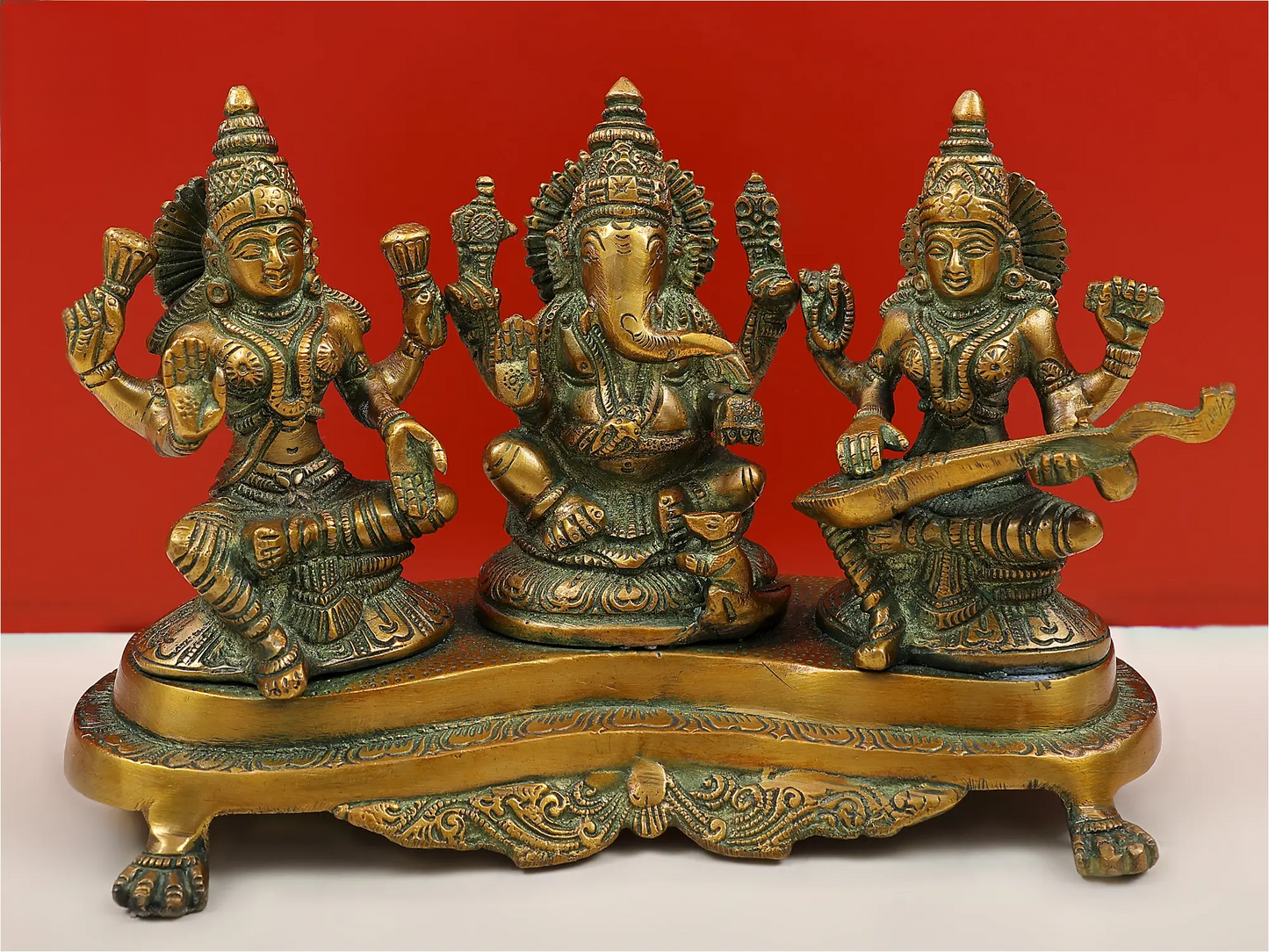 Brassaura® Lakshmi Ganesha Saraswati Brass Statue | Height 6.10 Inches & Weight 3 kgs