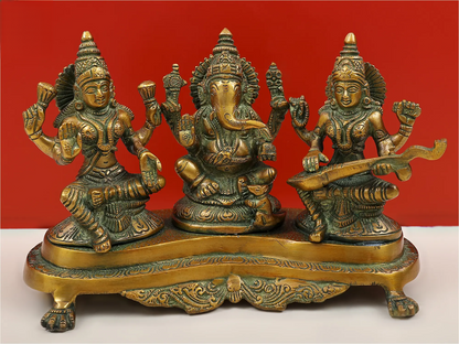 Brassaura® Lakshmi Ganesha Saraswati Brass Statue | Height 6.10 Inches & Weight 3 kgs