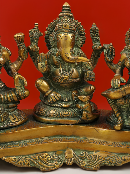 Brassaura® Lakshmi Ganesha Saraswati Brass Statue | Height 6.10 Inches & Weight 3 kgs