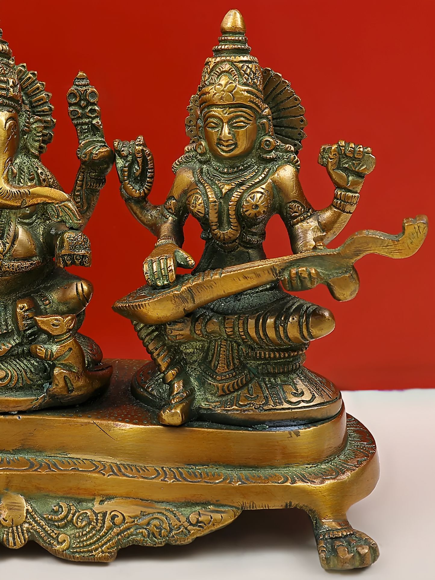 Brassaura® Lakshmi Ganesha Saraswati Brass Statue | Height 6.10 Inches & Weight 3 kgs