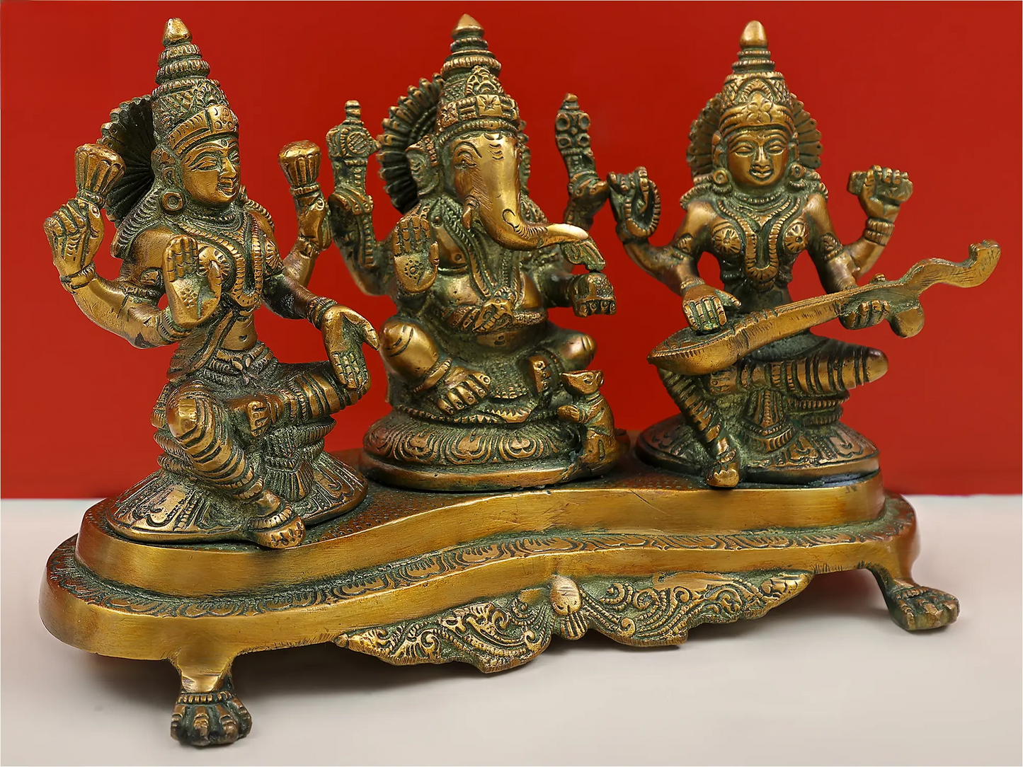 Brassaura® Lakshmi Ganesha Saraswati Brass Statue | Height 6.10 Inches & Weight 3 kgs