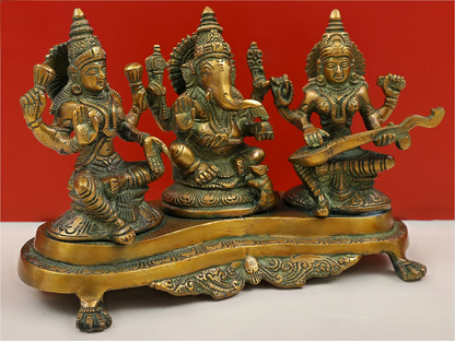 Brassaura® Lakshmi Ganesha Saraswati Brass Statue | Height 6.10 Inches & Weight 3 kgs