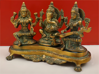 Brassaura® Lakshmi Ganesha Saraswati Brass Statue | Height 6.10 Inches & Weight 3 kgs