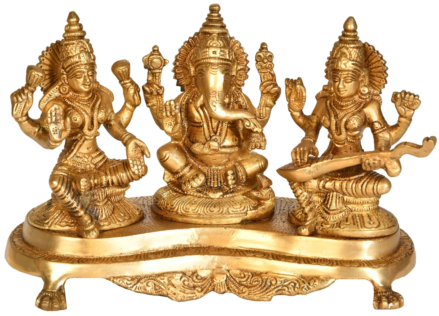 Brassaura® Lakshmi Ganesha Saraswati Brass Statue | Height 6.10 Inches & Weight 3 kgs