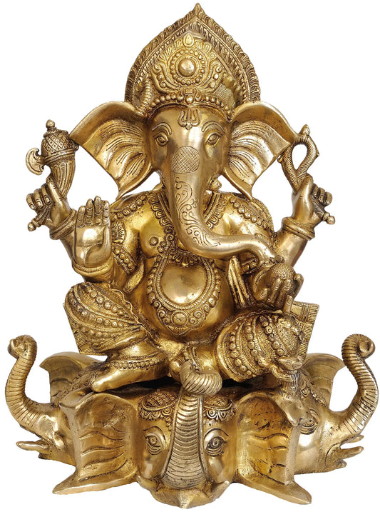 ब्रैसौरा™ घर के मंदिर और प्रवेश द्वार की सजावट के लिए बड़ा पीतल का गणेश आइडल | 17 इंच | 16.20 किग्रा