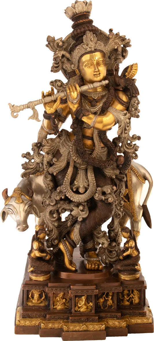 Brassaura® Brass Krishna with Cow Statue with Inlay Work | Height 27.95 Inches & Weight 35 kg