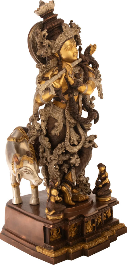 Brassaura® Brass Krishna with Cow Statue with Inlay Work | Height 27.95 Inches & Weight 35 kg