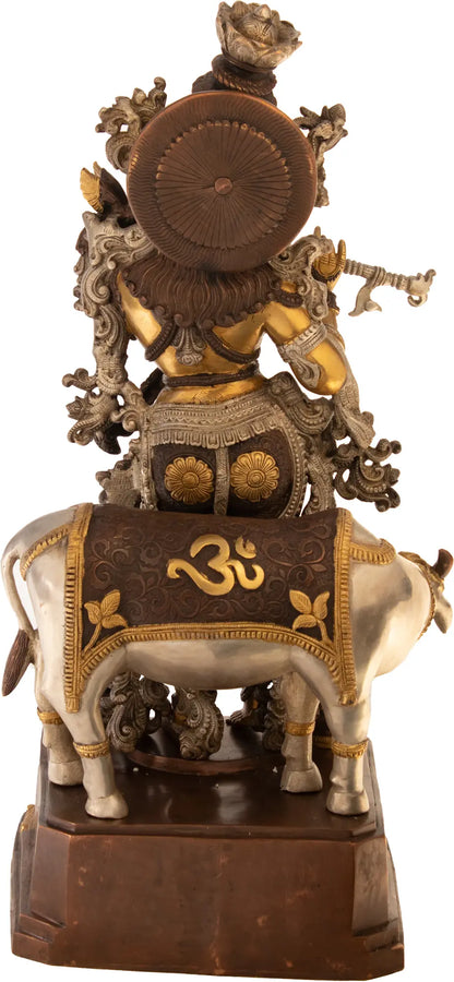 Brassaura® Brass Krishna with Cow Statue with Inlay Work | Height 27.95 Inches & Weight 35 kg