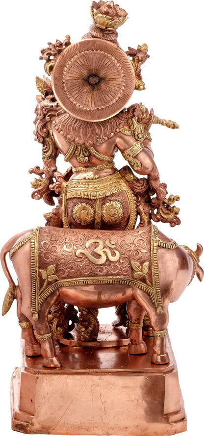 ब्रसौरा® ब्रास कृष्ण गाय की मूर्ति जड़ाऊ काम के साथ | ऊंचाई 27.95 इंच और वज़न 35 किलोग्राम
