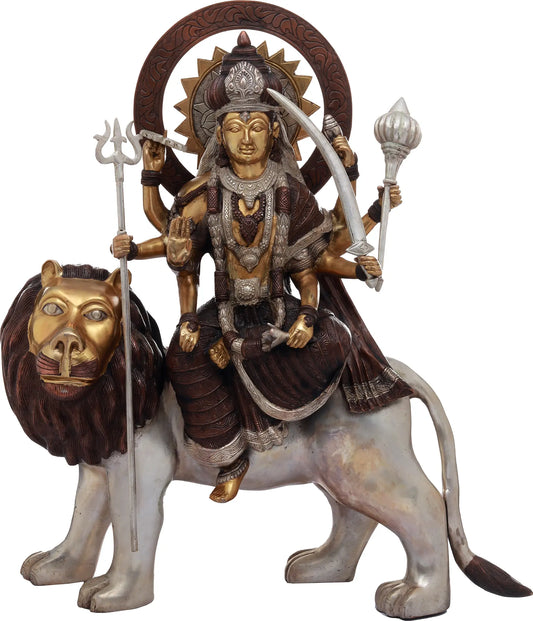 Brassaura® Goddess Durga Seated on Lion Vahan | Handcrafted Brass Sculpture | Height 22 Inches & Weight 18 kgs