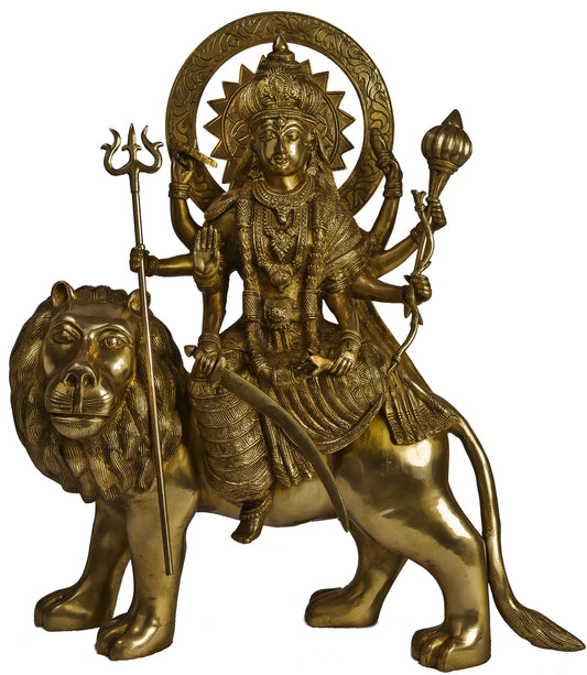 Brassaura® Goddess Durga Seated on Lion Vahan | Handcrafted Brass Sculpture | Height 22 Inches & Weight 18 kgs