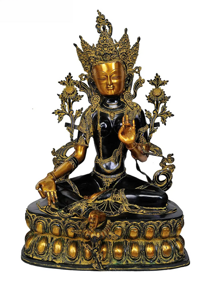 Brassaura® Seated Tara Devi with Ornamental Pedestal | Pure Brass with Antique Finish | Height 34.06 Inches & Weight 38.34 kgs