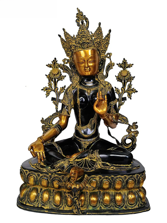 Brassaura® Tara Devi Sentada com Pedestal Ornamental | Latão Puro com Acabamento Antigo | Altura 86,5 cm e Peso 38,34 kg