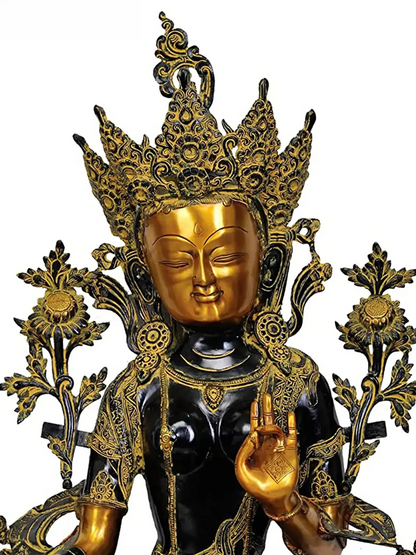 Brassaura® Seated Tara Devi with Ornamental Pedestal | Pure Brass with Antique Finish | Height 34.06 Inches & Weight 38.34 kgs