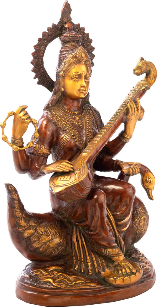 Brassaura® Large Saraswati on Swan | Brass Statue | Height 28 Inches & Weight 25 kgs
