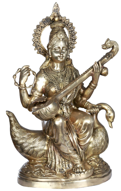 Brassaura® Large Saraswati on Swan | Brass Statue | Height 28 Inches & Weight 25 kgs