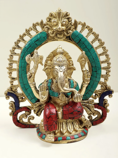 Brassaura® Meenakari Halo Ganesha Idol | Height 9.06 Inches & Weight 2.40 kgs