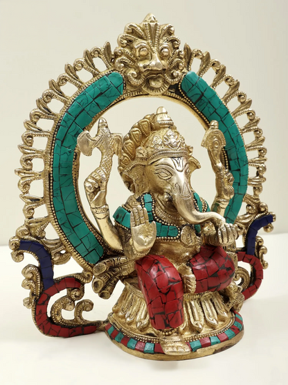 Brassaura® Meenakari Halo Ganesha Idol | Height 9.06 Inches & Weight 2.40 kgs