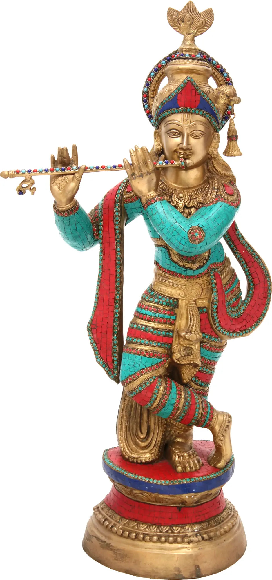 Brassaura® Brass Krishna Statue with Stonework | Height 36.02 Inches & Weight 22.80 kg