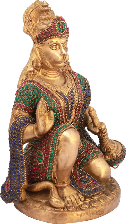 Brassaura® Sitting Hanuman with Meenakari Stonework | Pure Brass Idol | Height 9.25 Inches & Weight 3.40 kgs
