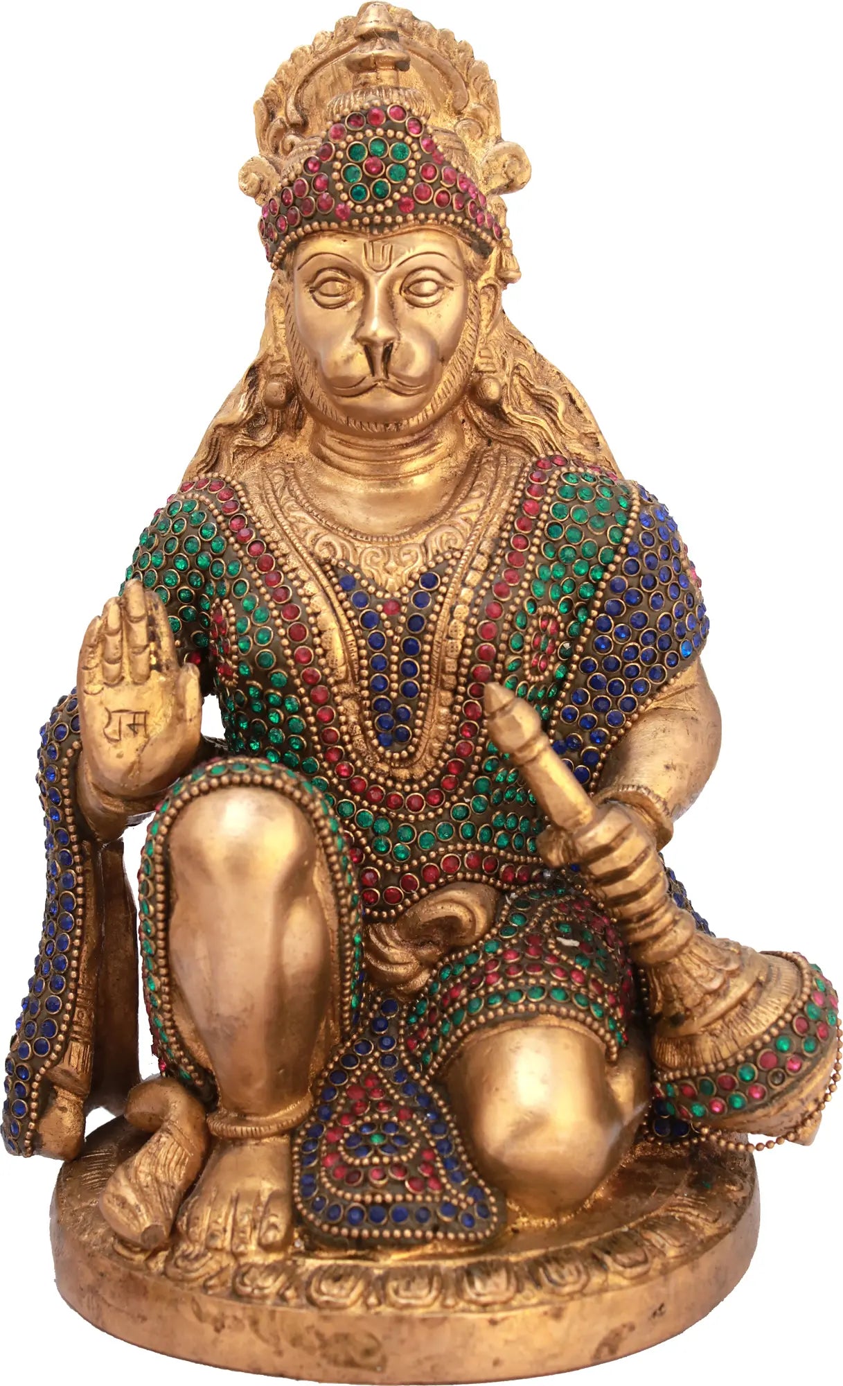 Brassaura® Sitting Hanuman with Meenakari Stonework | Pure Brass Idol | Height 9.25 Inches & Weight 3.40 kgs