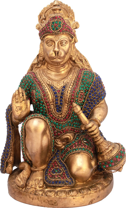Brassaura® Sitting Hanuman with Meenakari Stonework | Pure Brass Idol | Height 9.25 Inches & Weight 3.40 kgs