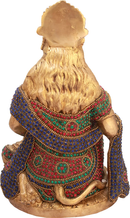 Brassaura® Sitting Hanuman with Meenakari Stonework | Pure Brass Idol | Height 9.25 Inches & Weight 3.40 kgs