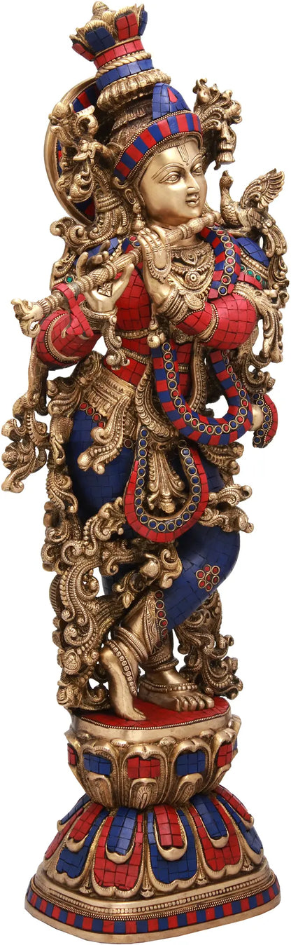Brassaura® Brass Krishna Statue with Inlay Work | Height 29.92 Inches & Weight 21.60 kg
