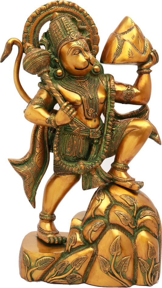 Brassaura® सुपर एंटीक ब्लैक वीर हनुमान संजीवनी पर्वत ले जाते हुए | ऊंचाई 16.54 इंच और वजन 10.20 किलोग्राम