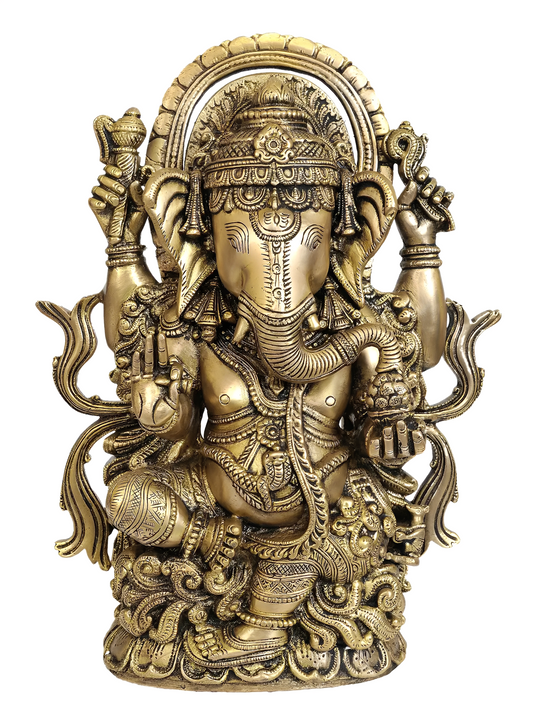 Brassaura® Seated Lord Ganesha with Ornate Prabhavali | Height 12.60 Inches & Weight 7 kgs
