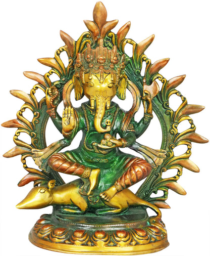 Brassaura® Lord Ganesha with Ornate Prabhavali | Pure Brass Dual Tone Finish | Height 9 Inches & Weight 4.90 kgs