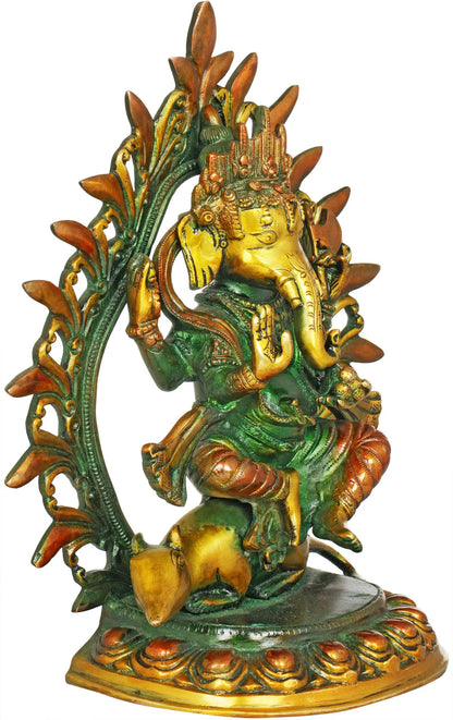 Brassaura® Lord Ganesha with Ornate Prabhavali | Pure Brass Dual Tone Finish | Height 9 Inches & Weight 4.90 kgs