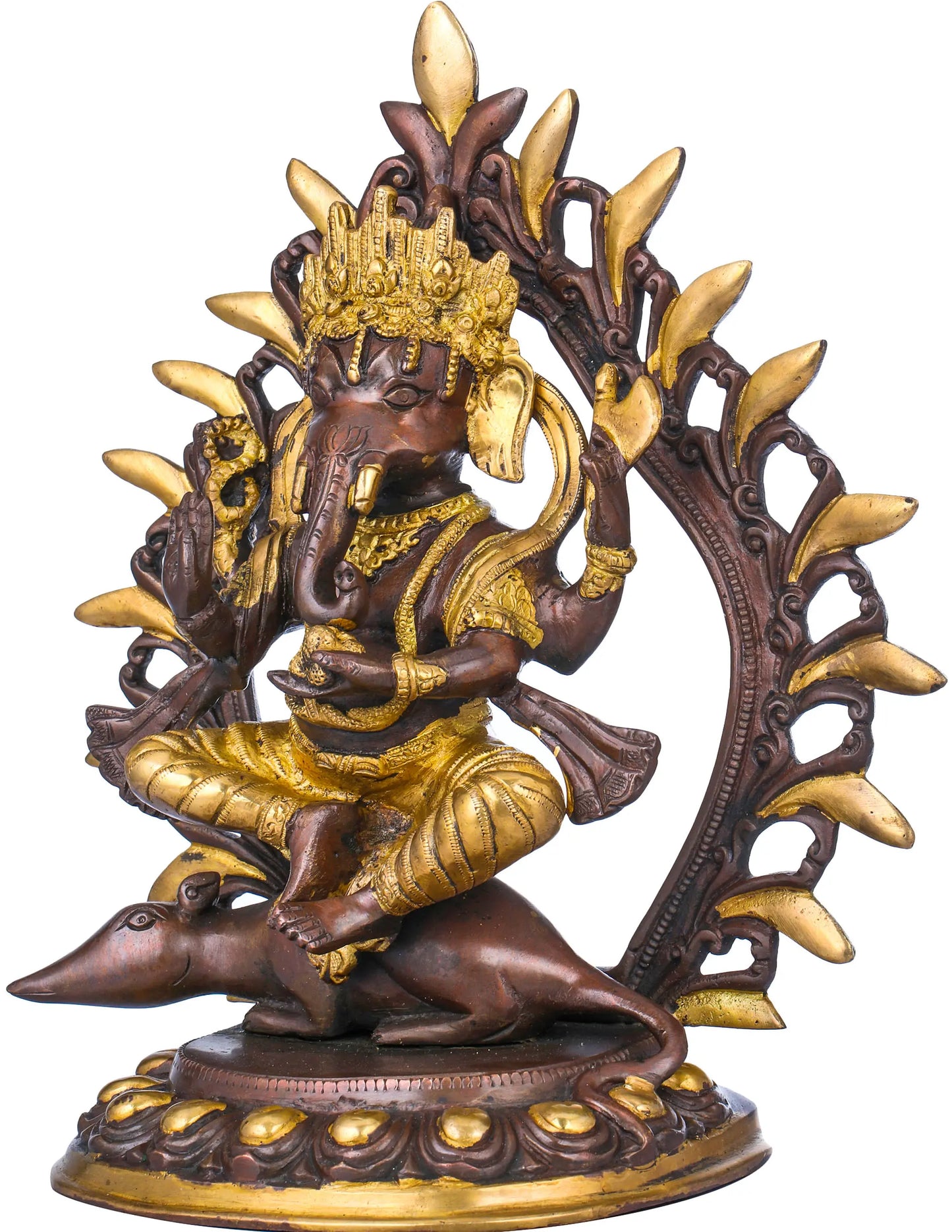 Brassaura® Lord Ganesha Seated on Mushak | Pure Brass Dual Tone Finish | Height 9 Inches & Weight 4.90 kgs