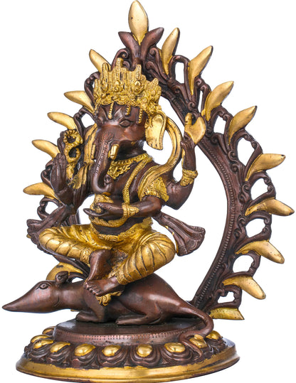 Brassaura® Lord Ganesha Seated on Mushak | Pure Brass Dual Tone Finish | Height 9 Inches & Weight 4.90 kgs