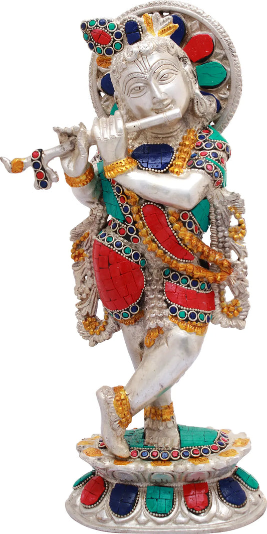Brassaura® Brass Krishna Statue with Stonework | Height 13.19 Inches & Weight 4 kg
