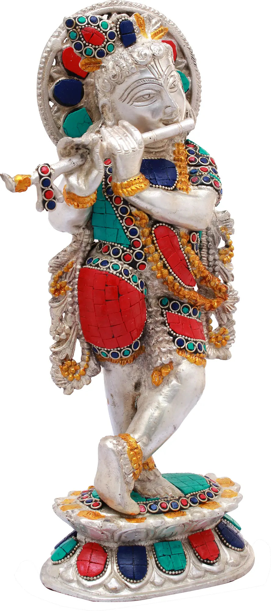 Brassaura® Brass Krishna Statue with Stonework | Height 13.19 Inches & Weight 4 kg