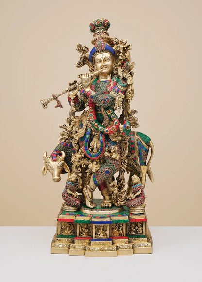 Brassaura® Brass Krishna Nandi Statue | Height 28 Inches & Weight 35.70 kg