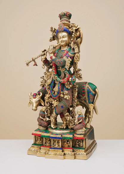Brassaura® Brass Krishna Nandi Statue | Height 28 Inches & Weight 35.70 kg
