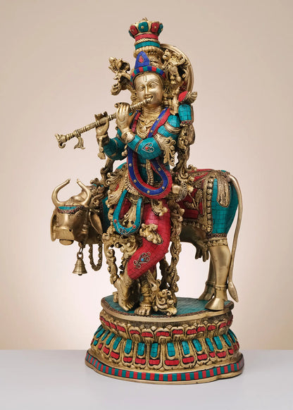 Brassaura® Brass Krishna Nandi Statue | Height 29 Inches & Weight 31.20 kg