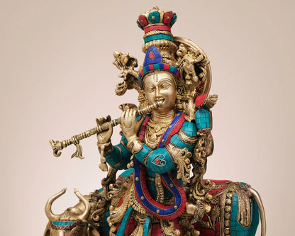 Brassaura® Brass Krishna Nandi Statue | Height 29 Inches & Weight 31.20 kg