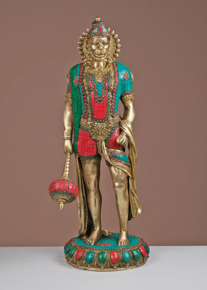 Brassaura® Standing Blessing Hanuman | Brass with Inlay Work | Height 23 Inches & Weight 12.75 kgs