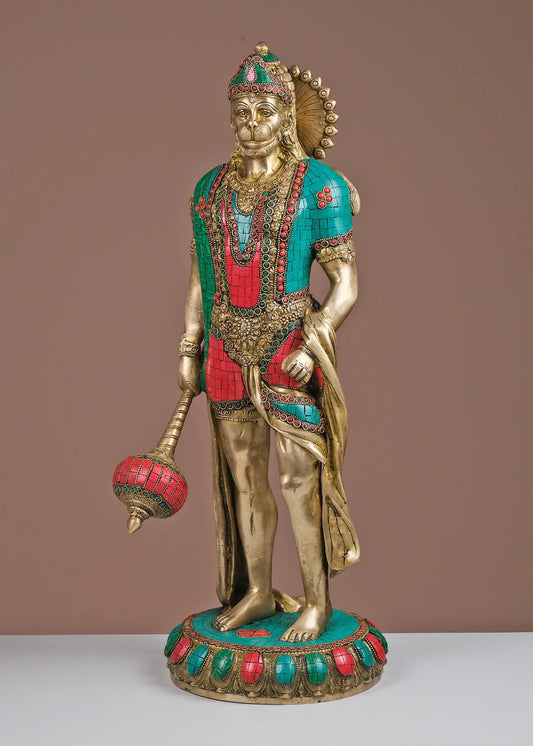 ब्रासौड़ा® स्थायी आशीर्वाद हनुमान | जड़ाऊ काम के साथ पीतल | ऊंचाई 23 इंच और वजन 12.75 किलोग्राम