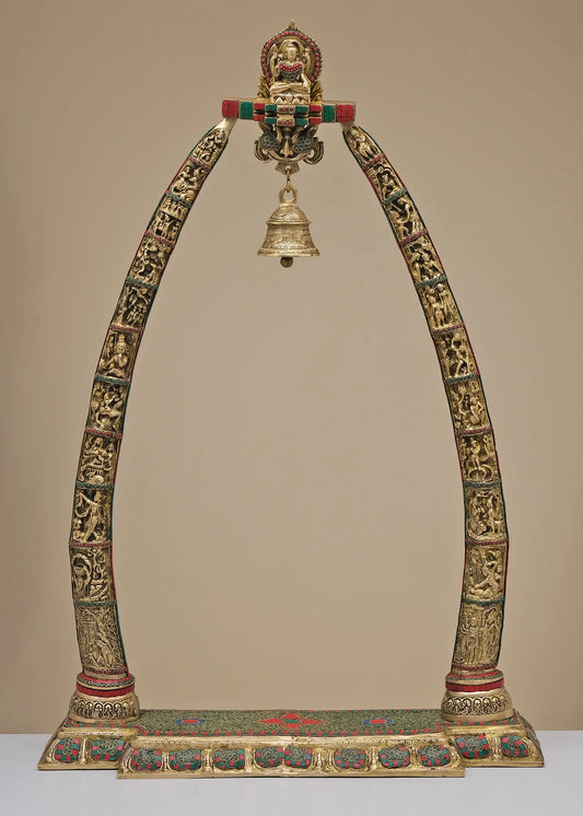 Brassaura® Ornate Brass Prabhavali Arch with Hanging Bell | Intricate Inlay Work | Height 45 Inches & Weight 32 kgs