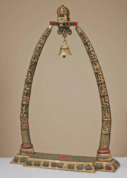 Brassaura® Ornate Brass Prabhavali Arch with Hanging Bell | Intricate Inlay Work | Height 45 Inches & Weight 32 kgs