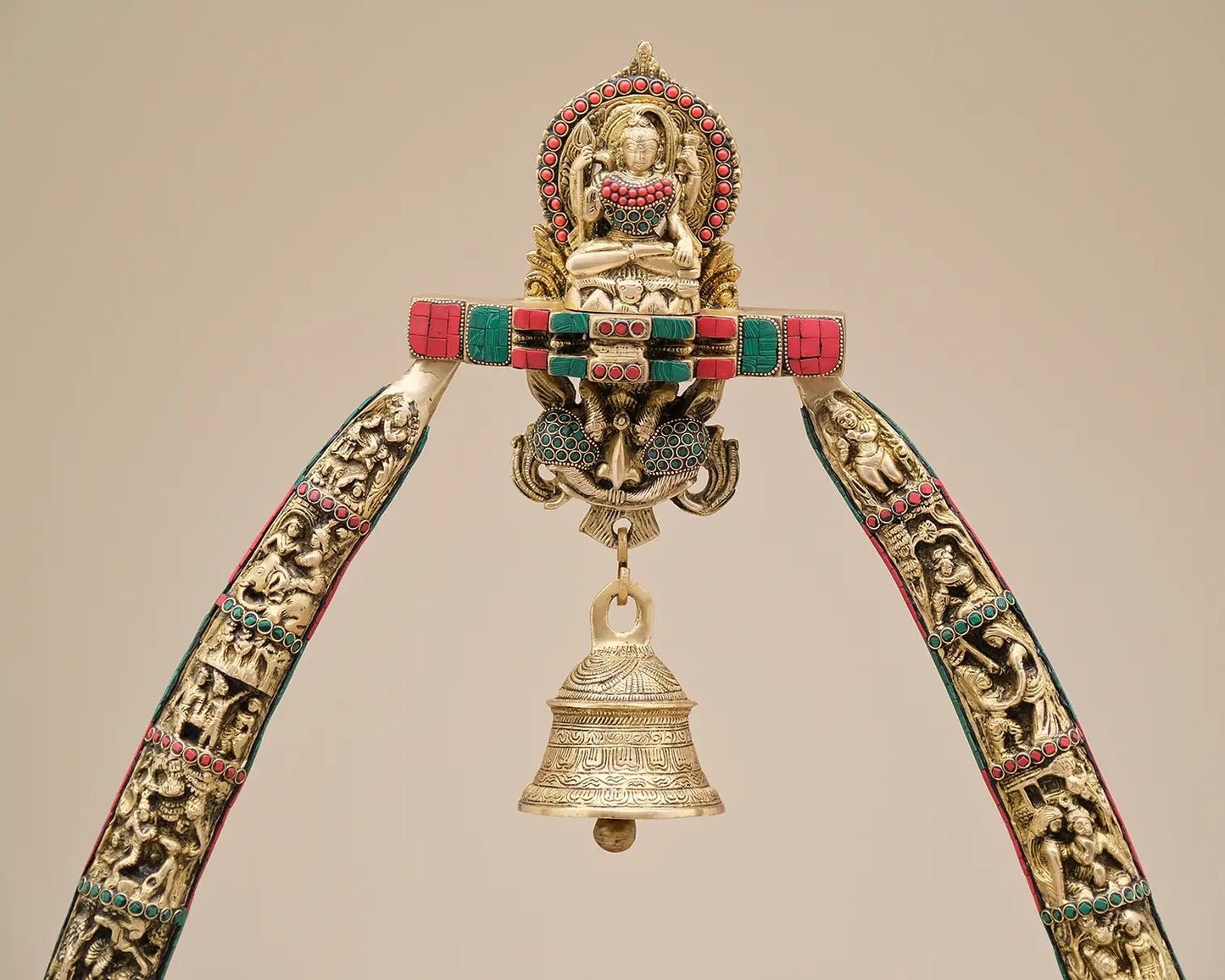 Brassaura® Ornate Brass Prabhavali Arch with Hanging Bell | Intricate Inlay Work | Height 45 Inches & Weight 32 kgs