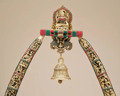 Brassaura® Ornate Brass Prabhavali Arch with Hanging Bell | Intricate Inlay Work | Height 45 Inches & Weight 32 kgs