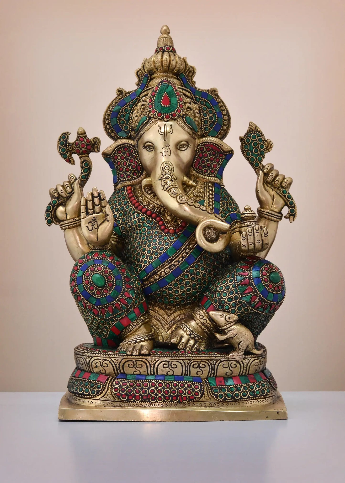 Brassaura™  16" Brass Crown Ganesh (Left Trunk) with Inlay Work | Handmade